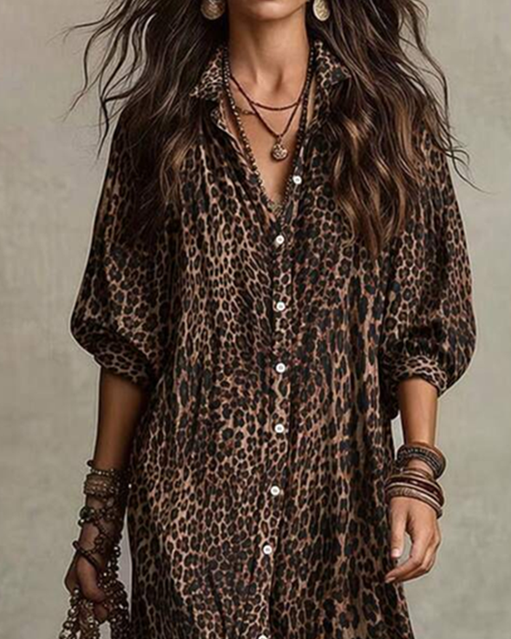 Shirt Collar Leopard Dress
