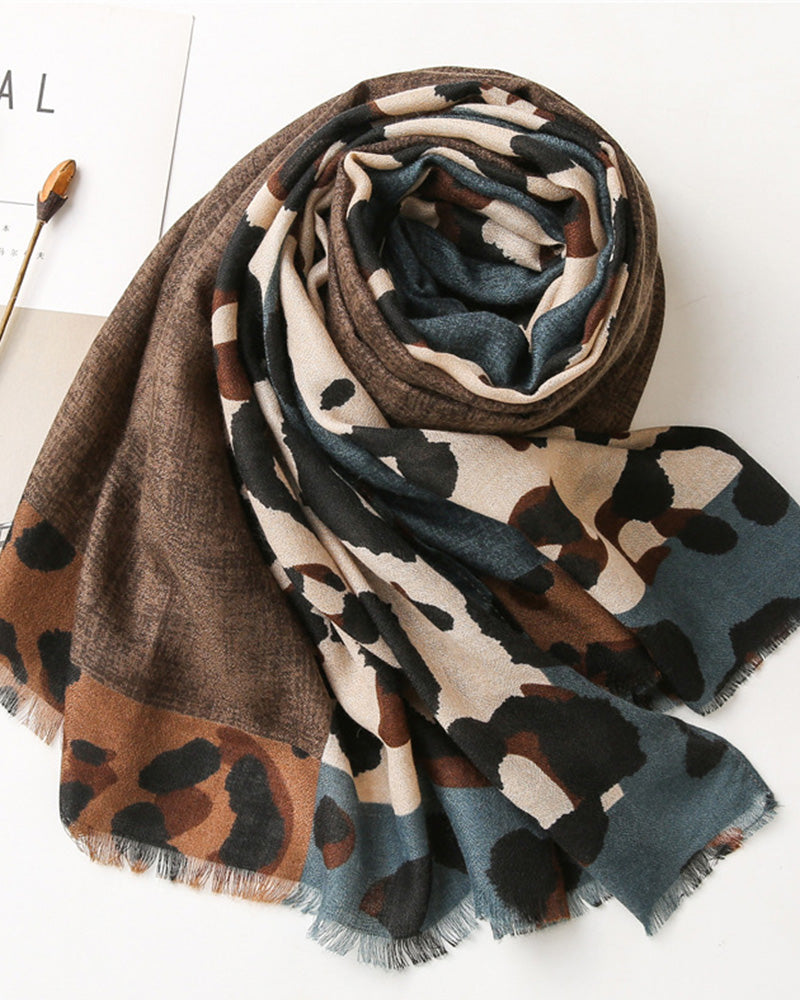 Women's Leopard Patchwork Print Fringe Shawl Scarf