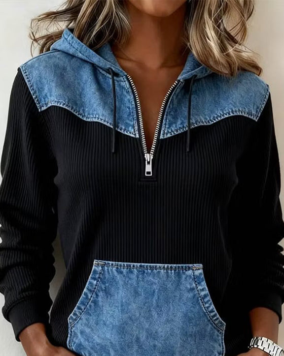 Zipper Denim Patchwork Hoodie