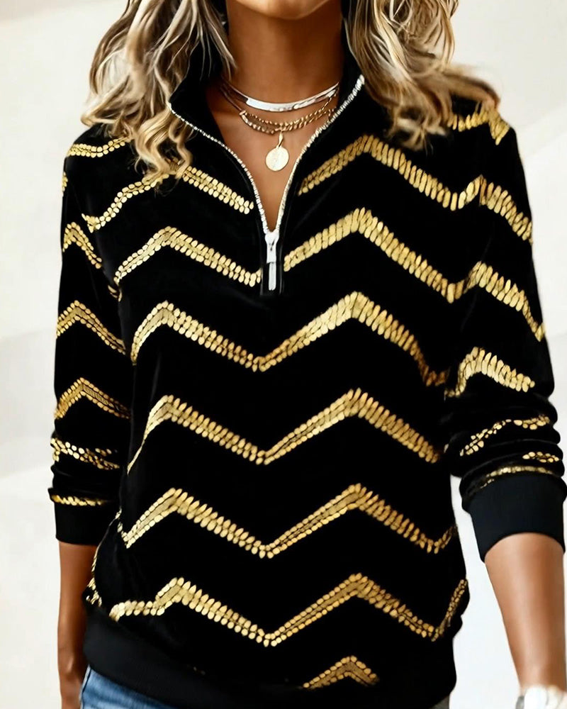 Zippered Long-Sleeve Wavy Print Sweatshirt