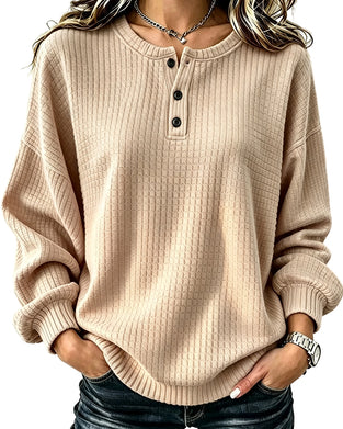 Crew Neck Button Solid Sweatshirt