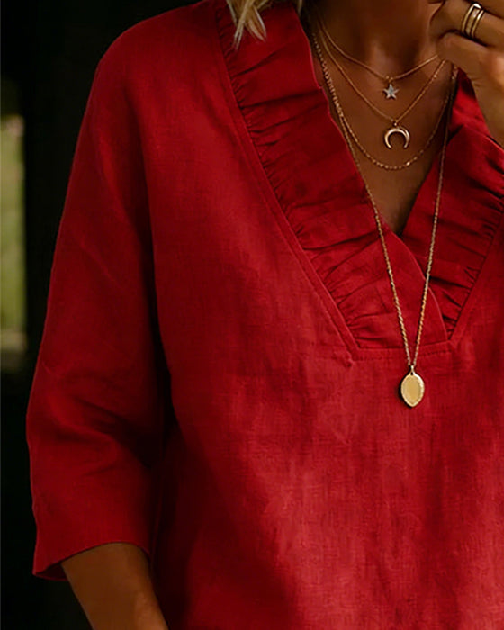 100% Cotton Ruffle V-Neck Three-Quarter Sleeve Blouse