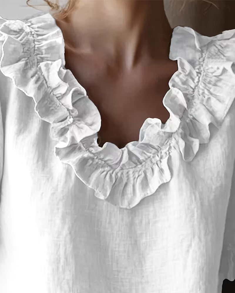 Ruffle Trim V-Neck Short Sleeve Blouse