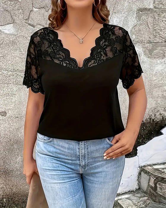 Short-Sleeved Lace Panel Blouse