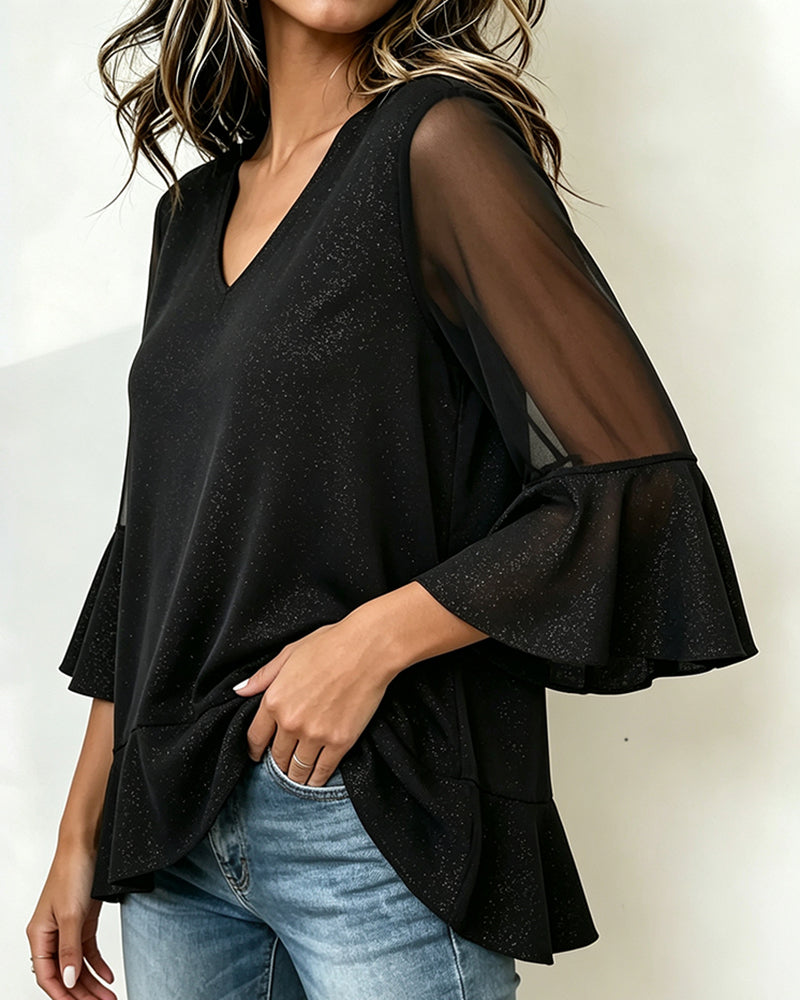 V-Neck Ruffled Half-Sleeve Top