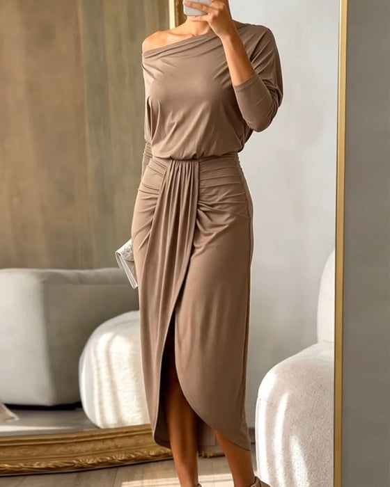 One-Shoulder Batwing Sleeve High Waist Slit Dress