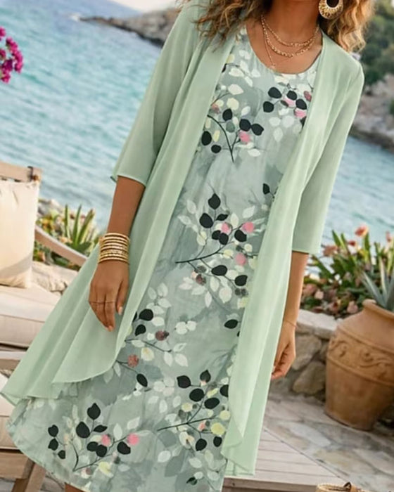 Ink Green Leaf Sleeveless Dress Cover Up Set