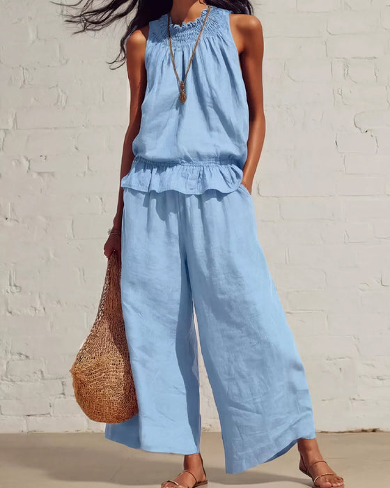Sleeveless Ruffle Wide-Leg Pants Set