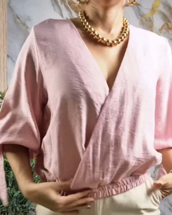 V-Neck Elastic Waist Blouse
