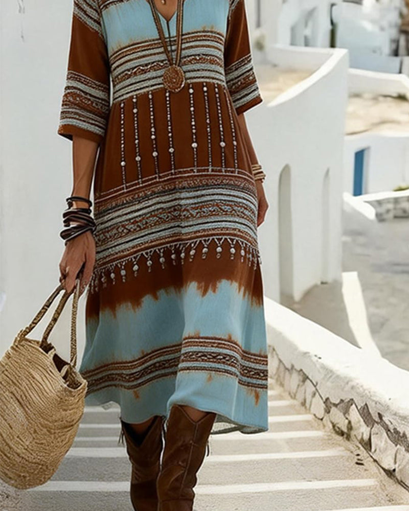V-Neck Printed Bohemian Style Dress