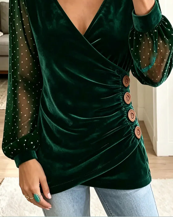 V-Neck Button Polka Dot Asymmetric Blouse