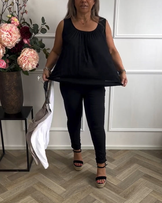 Sleeveless Solid Color Pleated Tank Top