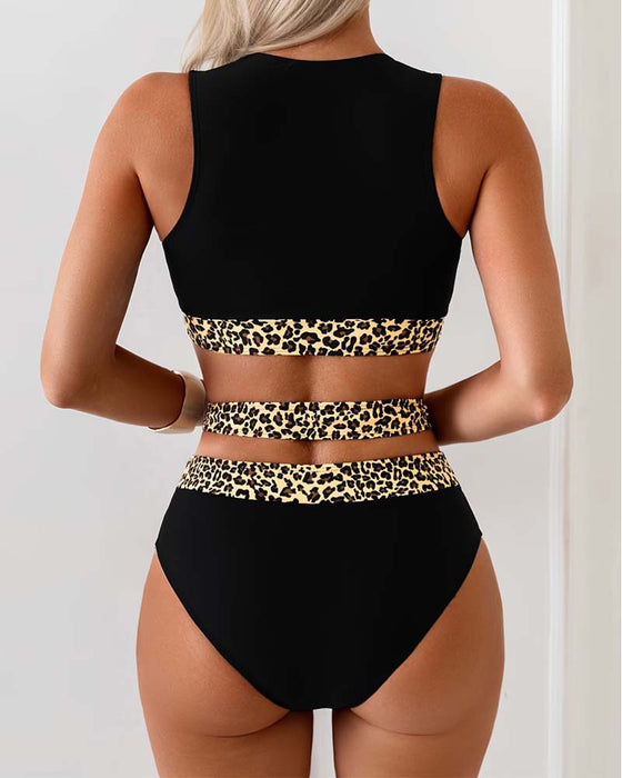 Leopard Patchwork Crisscross High Waist Bikini