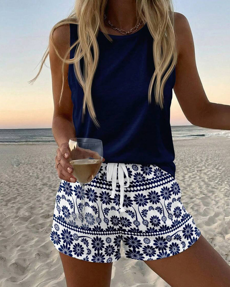 Solid Color Vest and Printed Shorts Set