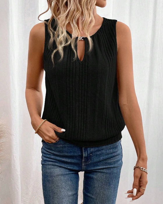 Metal Decorative Buckle Square Neckline Textured Tank Top