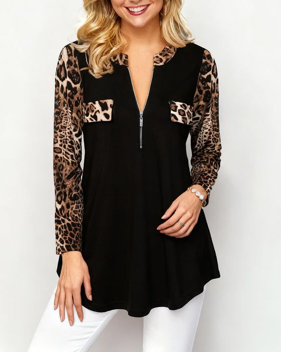 Long-Sleeved Leopard Print Half-Zip Sweatshirt