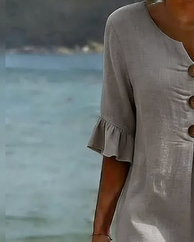 Button Ruffle Sleeve 100% Cotton Dress