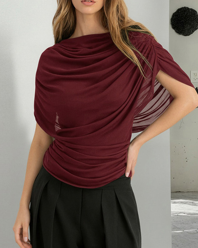 Mesh Scarf Neck Draped Slim Fit Blouse
