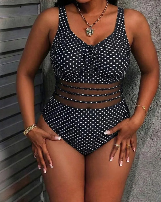 Lace-Up Polka-Dot Mesh One-Piece