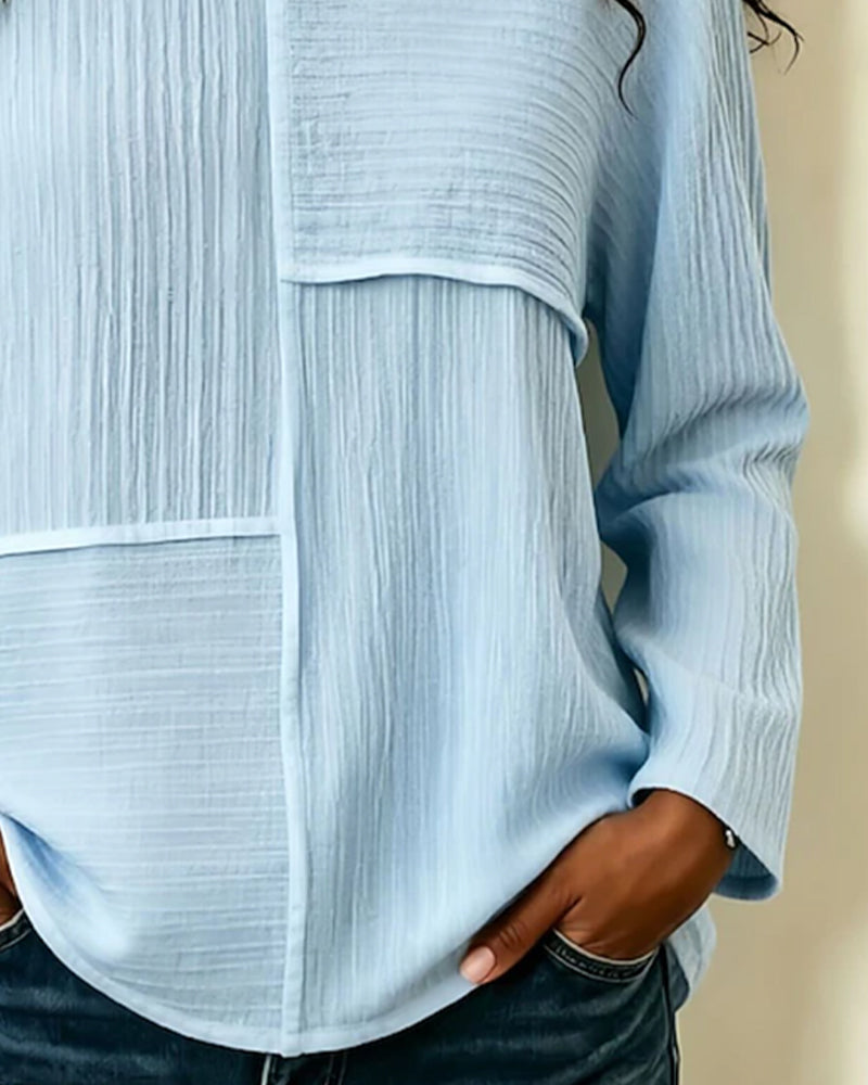 Long-Sleeve Patchwork Crew-Neck Blouse