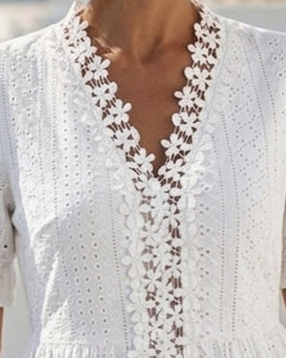 Puff Sleeve V-Neck Lace A-Line Dress
