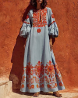 V-Neck Floral Lantern Sleeve Dress