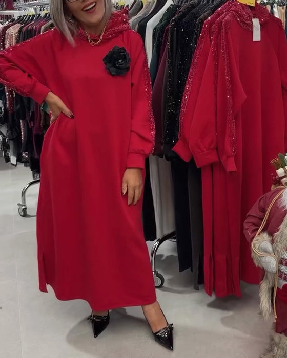 Hooded Sequin Patchwork Long Dress