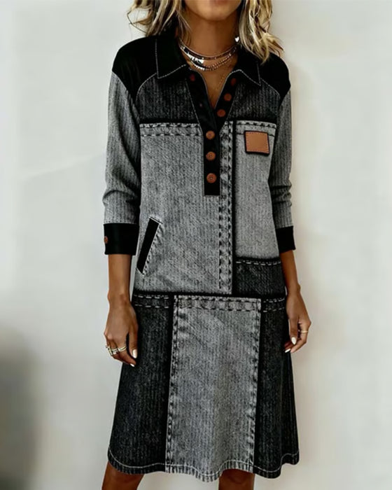 Button Lapel V-Neck Color Block Fashion Dress