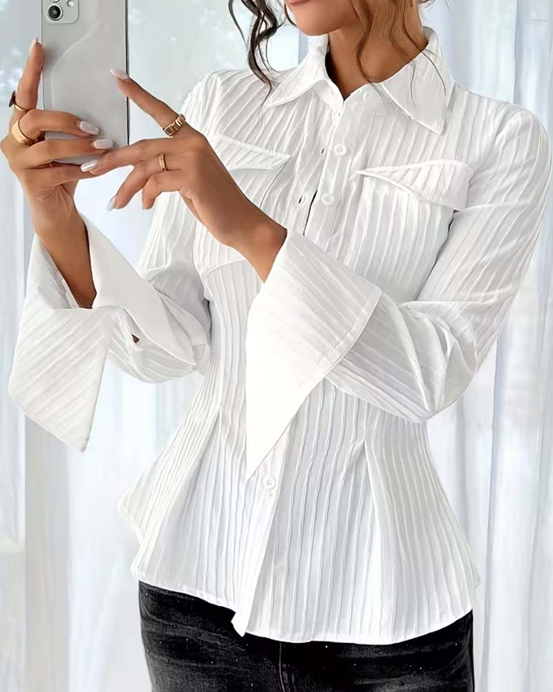 Pocket Striped Flare Sleeve Shirt
