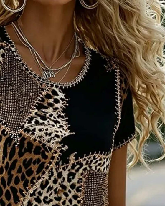 Crew Neck Leopard Print Contrast Short Sleeve Blouse