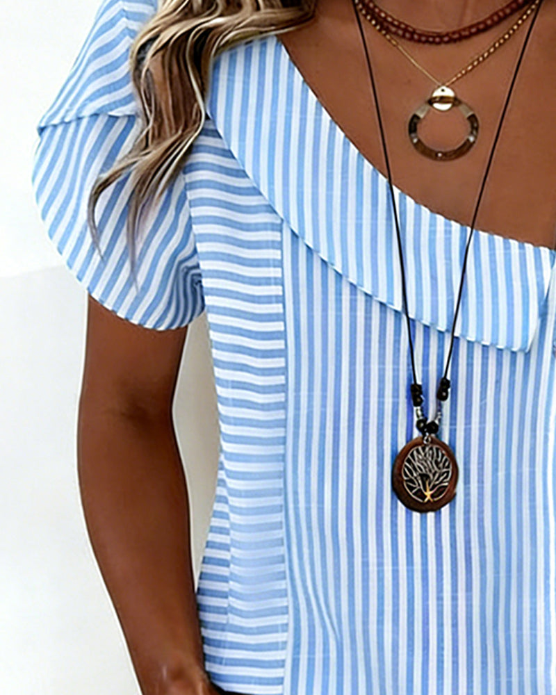 Striped Puff Sleeve Asymmetrical Blouse