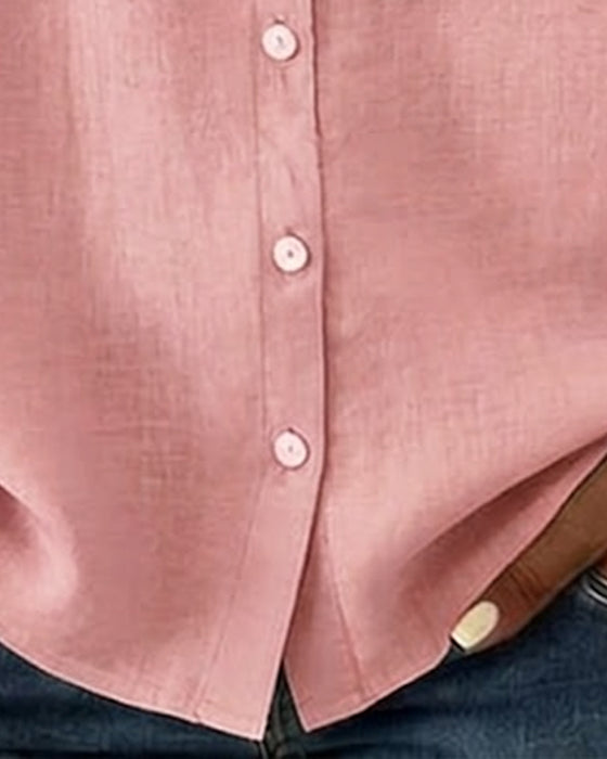 Peter Pan Collar Cotton Linen Ruffled Button-Front Shirt