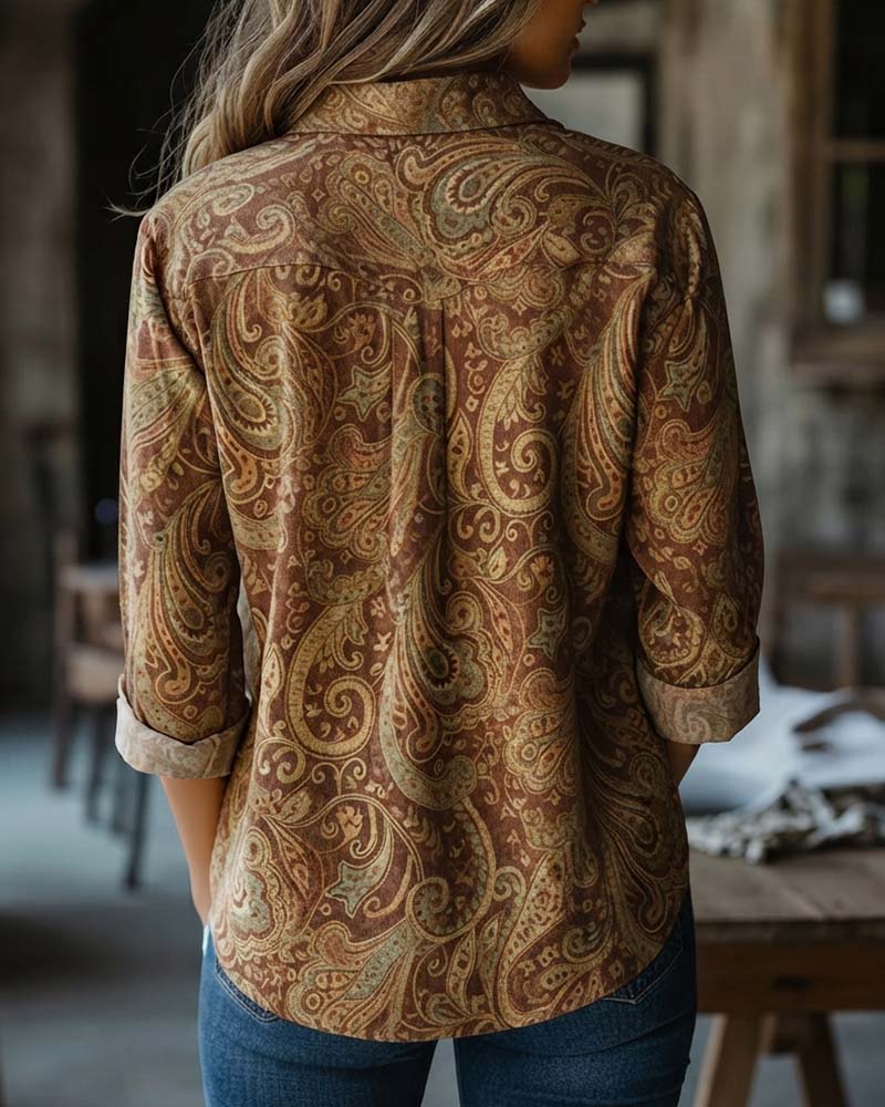 Vintage-Style Paisley Long-Sleeve Shirt