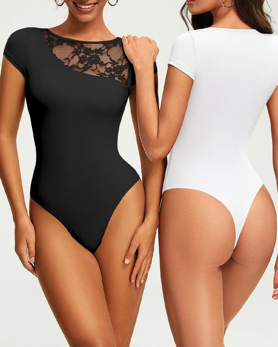 Sheer Lace Panel Fitted Bodysuit T-Shirt
