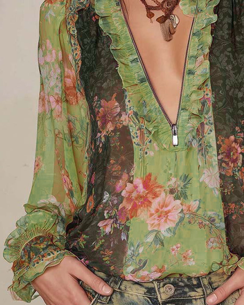 Half-Zip Floral Print Blouse