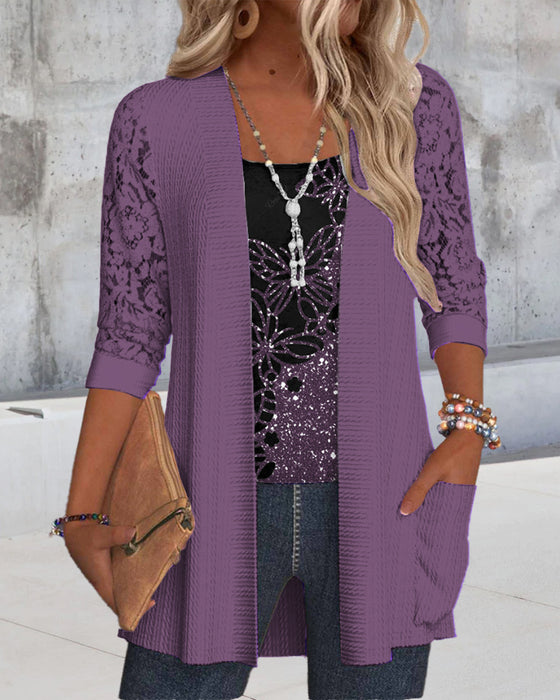 Casual butterfly lace patchwork pocket top