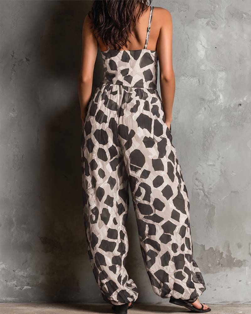 Leopard Print Suspender Wide Leg Jumpsuit