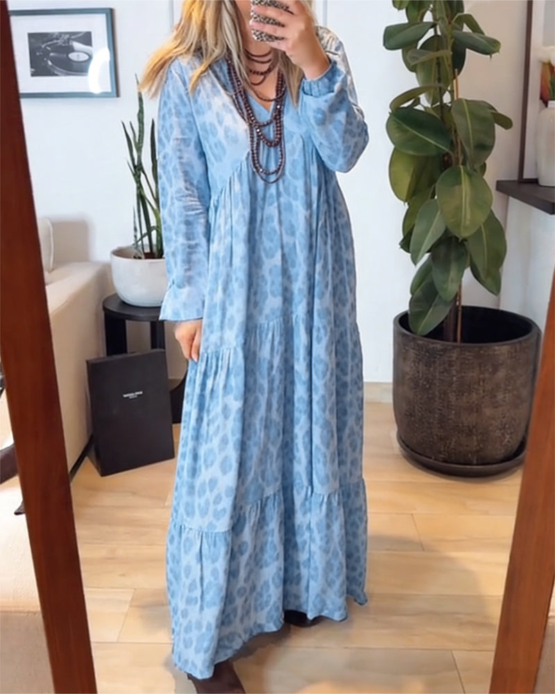 V-Neck Leopard Print Fashion Maxi Dress