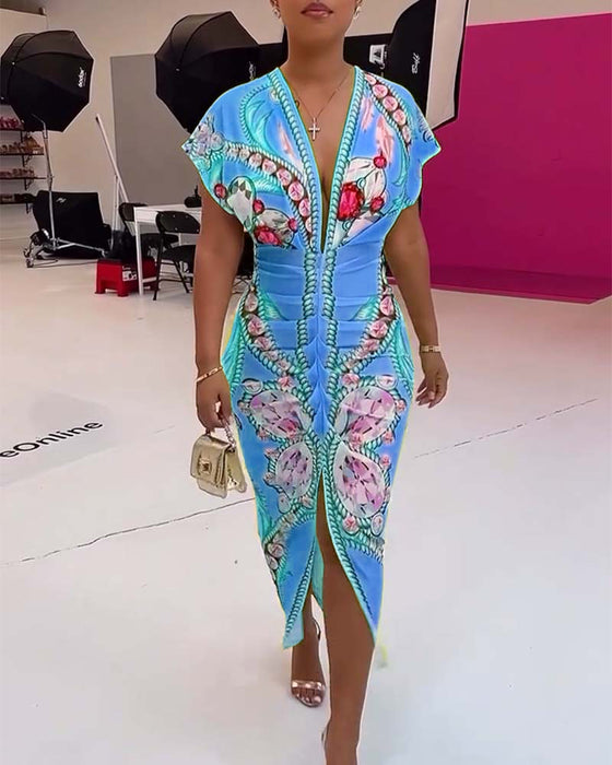 Deep V slit waist printed dress