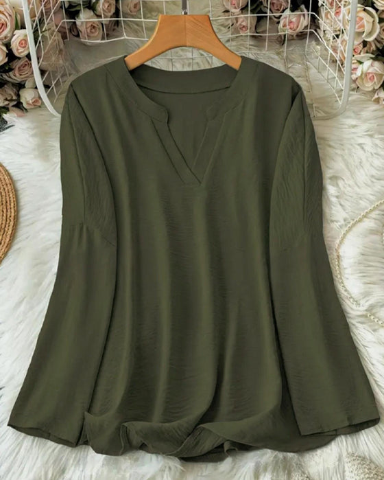 V Neck Irregular Solid Color Long Sleeve Blouse