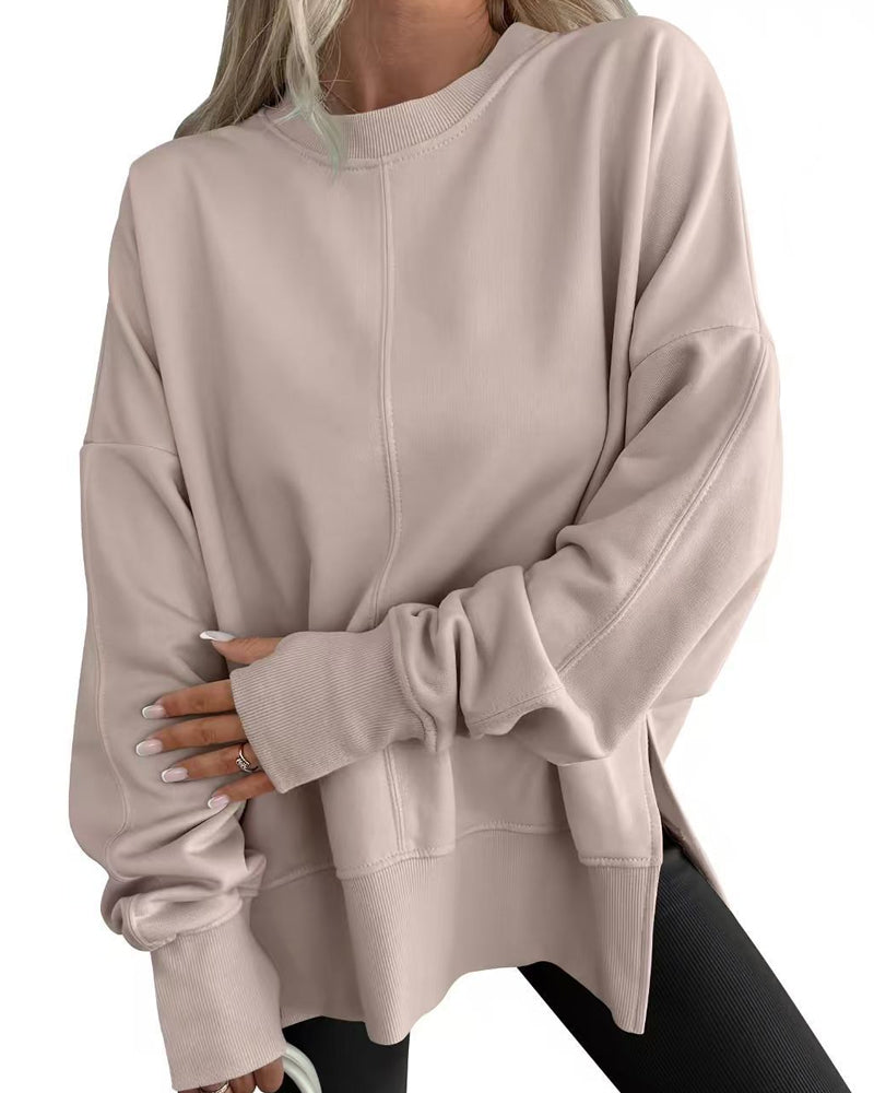 Side Slit Crew Neck Loose Sweatshirt