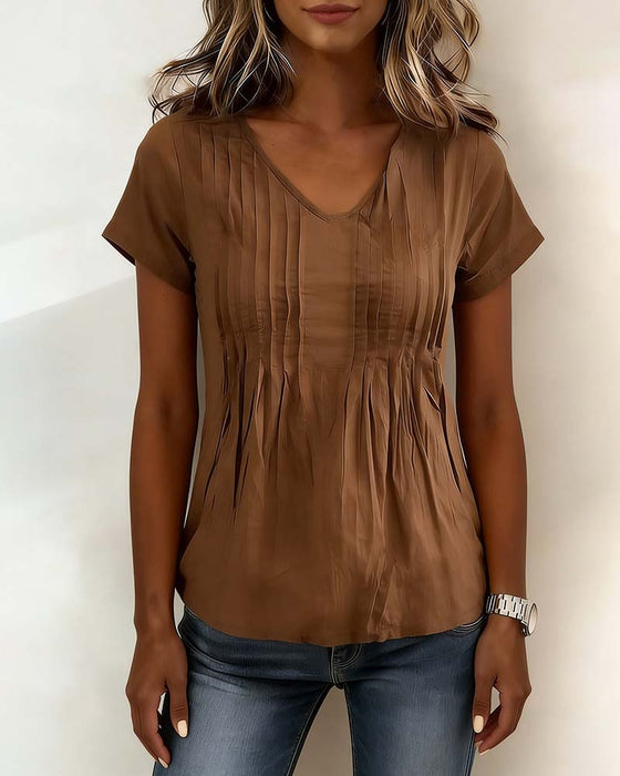 V-Neck Pleated Short-Sleeved Blouse