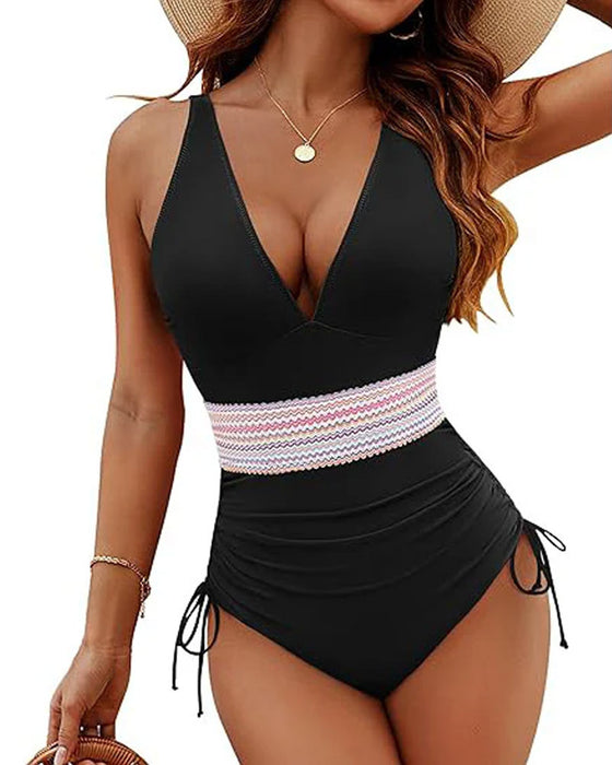 Women Tummy Control Drawstring One Piece Slimming Modest Swimsuit