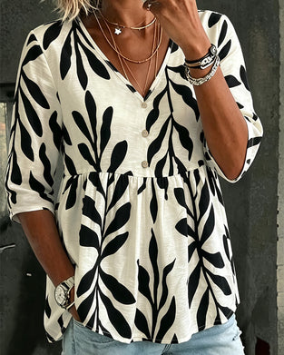 V-Neck Loose Print Short Sleeve Blouse