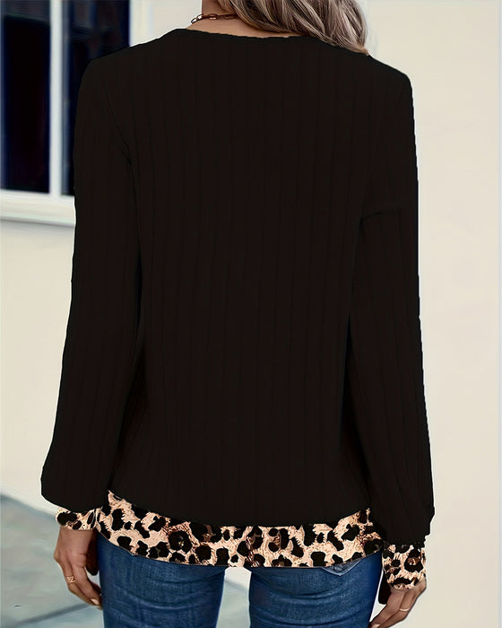 Long Sleeve V-Neck Leopard Patchwork Top