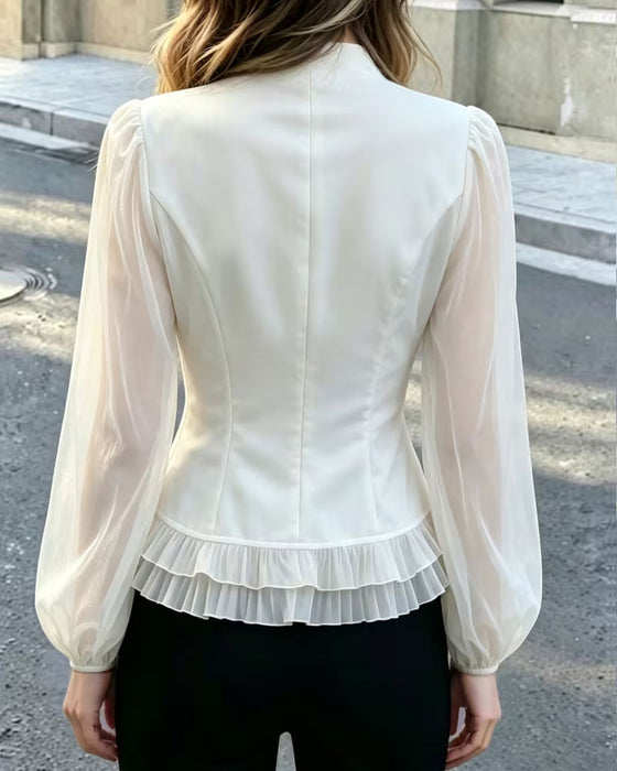 Mini Mandarin Collar Sheer Ruffle Blouse
