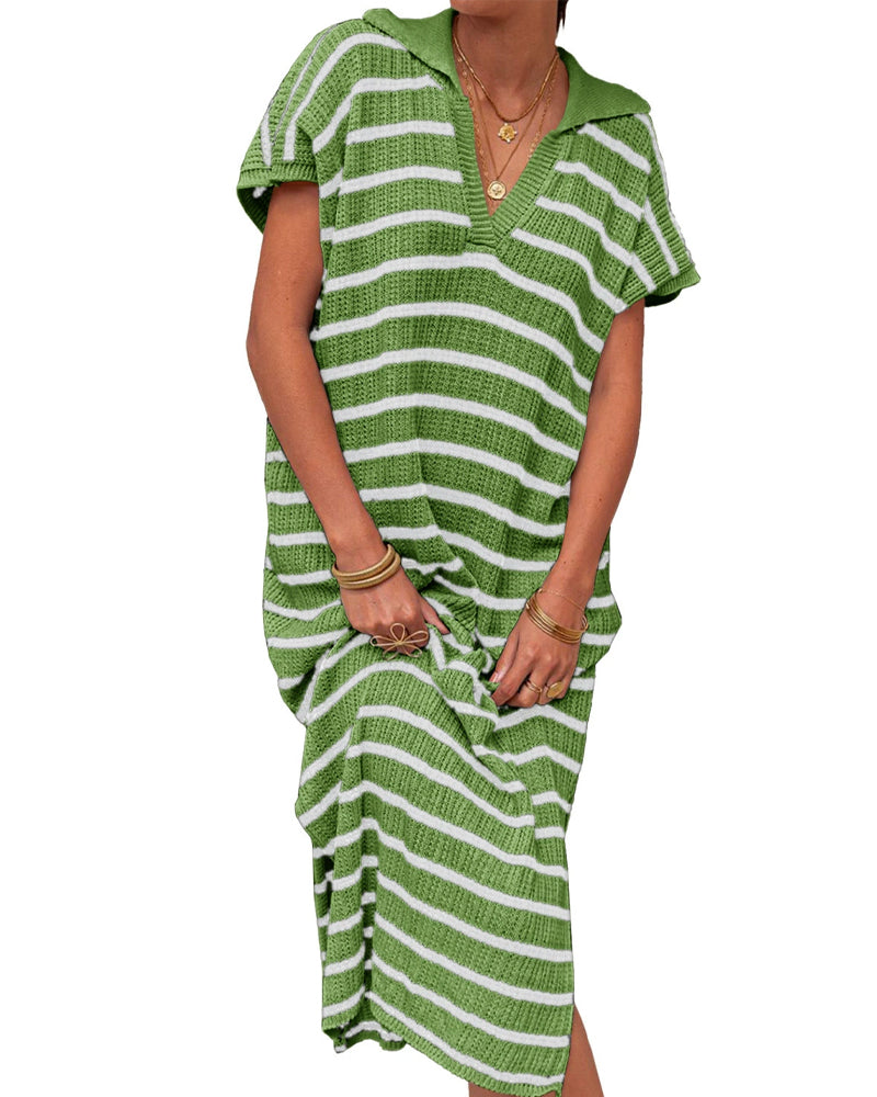 Striped Lapel Short Sleeve Dress
