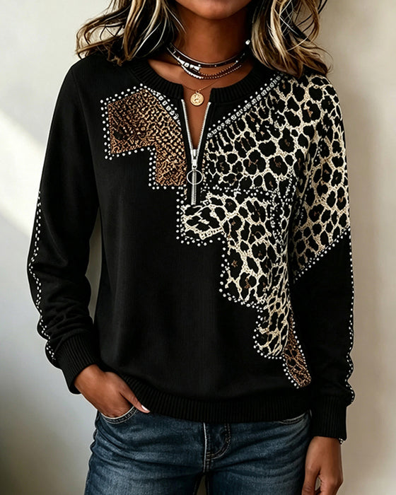 Crew Neck Zipper Leopard Sweatshirts