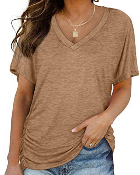 Pleated Solid Color V-Neck T-Shirt