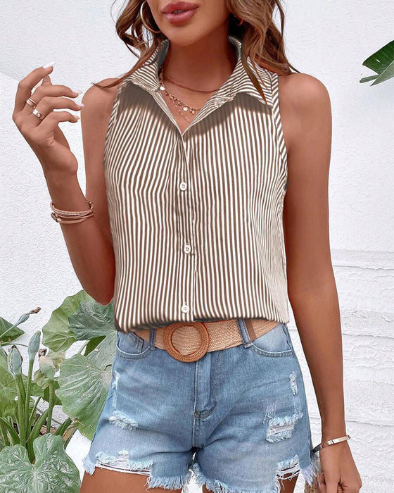 Sleeveless Lapel Striped Tank Top